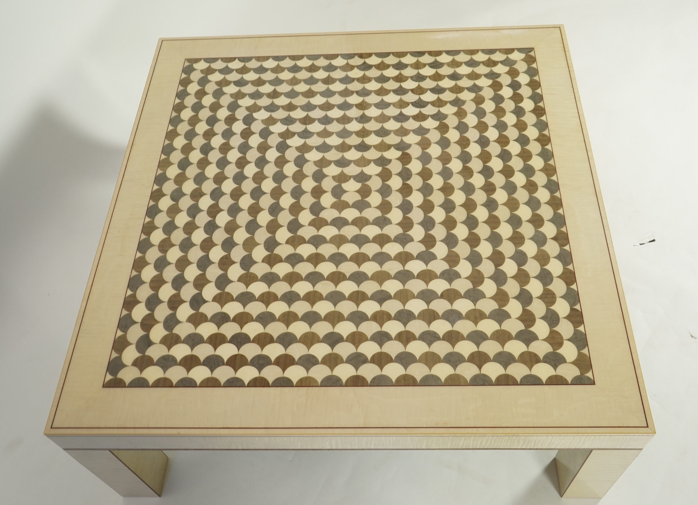 Lignae: A contemporary square sycamore and specimen wood coffee table on square legs